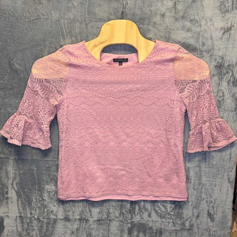 2192 | Adrianna Papell Floral Lace Bell Sleeve Blouse Ethereal Pink Womens L